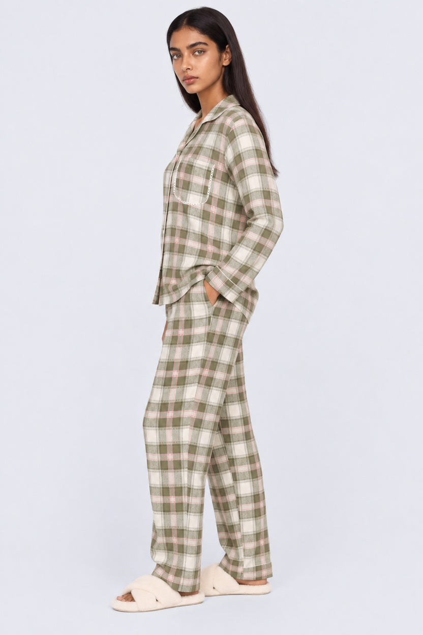 Womens Olive Checkered Nightwear Set - Image 4