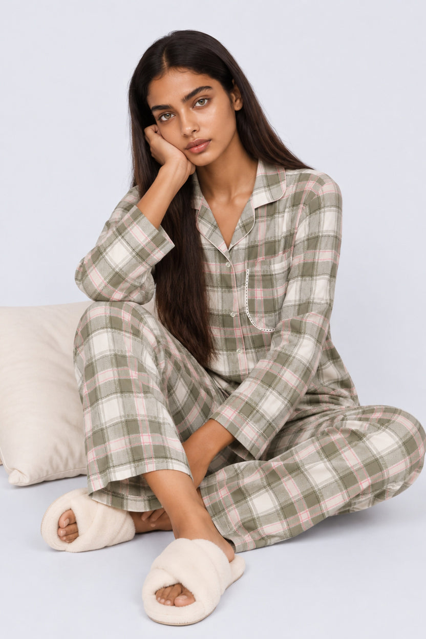 Womens Olive Checkered Nightwear Set - Image 6