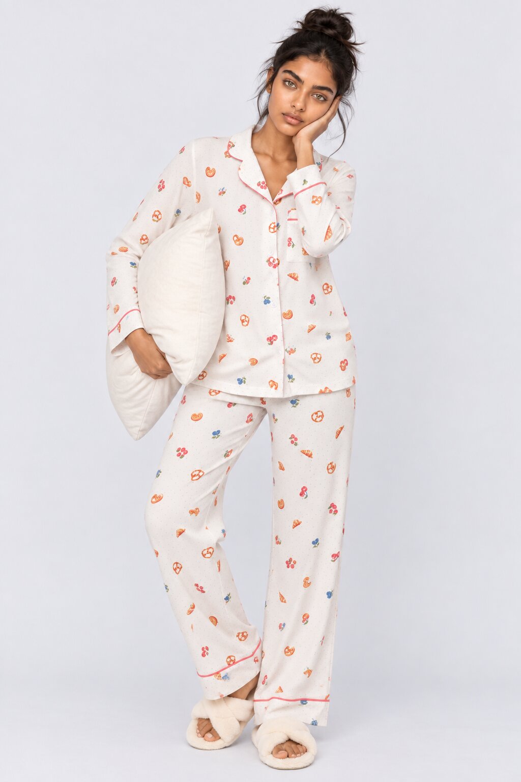 Womens Off White Cute Printed Nightwear Set - Image 1