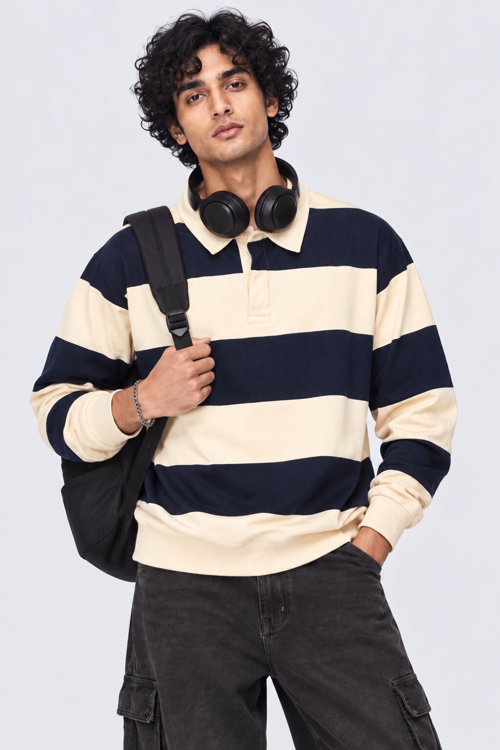 Mens Relaxed Fit Navy Stripes Sweatshirt - Image 1