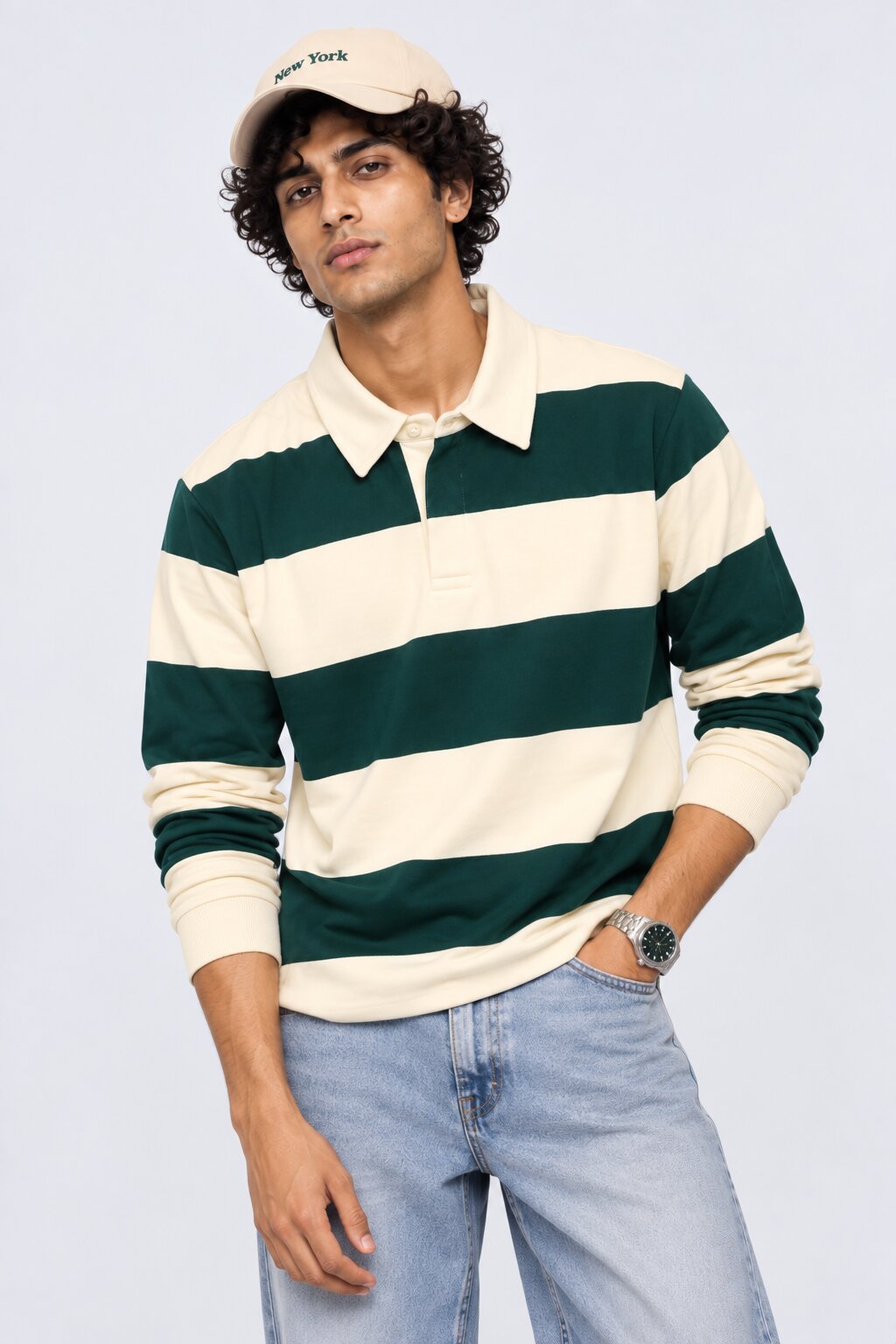 Mens Relaxed Fit Dark Green Stripes Sweatshirt - Image 1