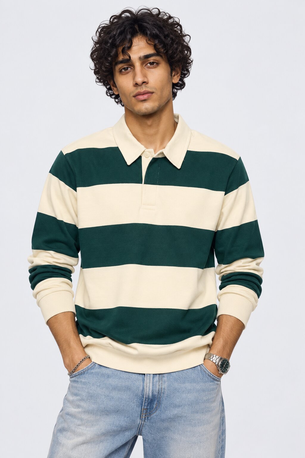 Mens Relaxed Fit Dark Green Stripes Sweatshirt - Image 2