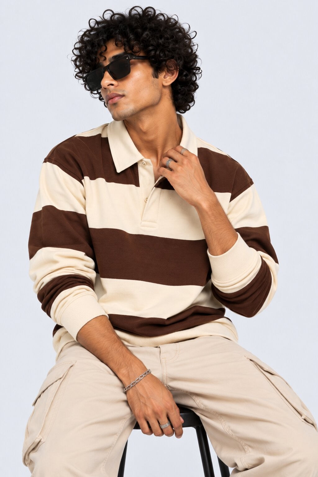 Mens Relaxed Fit Brown Stripes Sweatshirt - Image 1