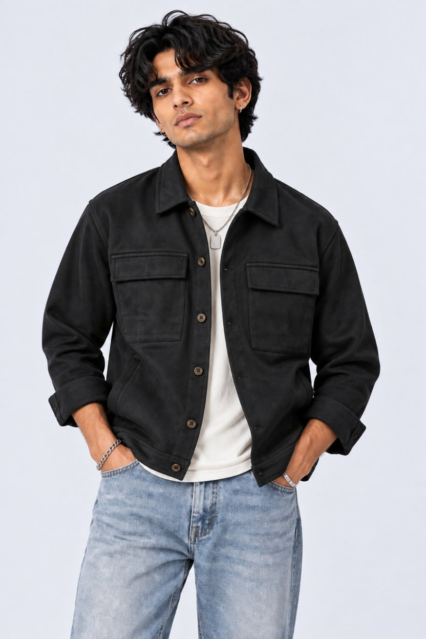 Mens Relaxed Fit Black Suede Shaket - Image 1