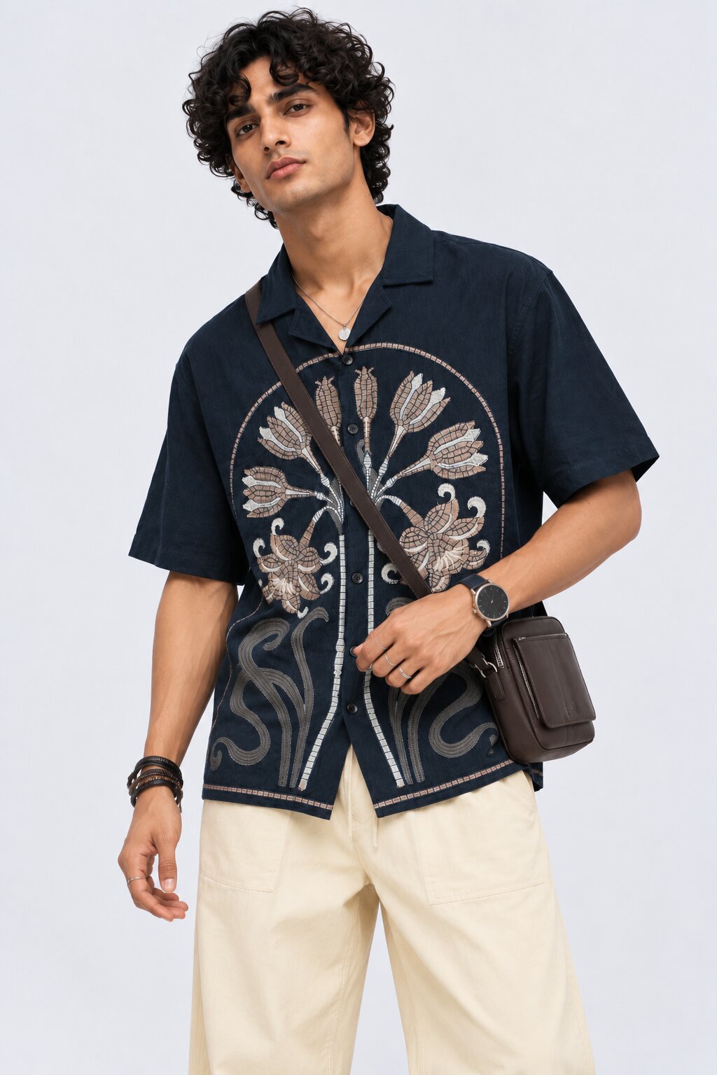 Mens Regular Fit Navy Cotton Embroidered Shirt - Image 1