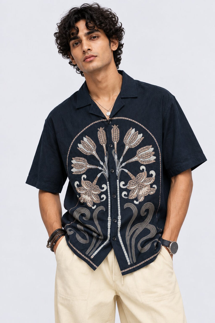 Mens Regular Fit Navy Cotton Embroidered Shirt - Image 2