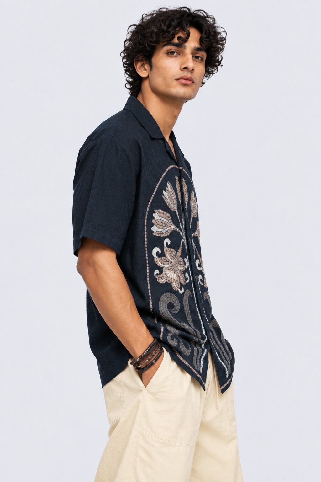 Mens Regular Fit Navy Cotton Embroidered Shirt - Image 4