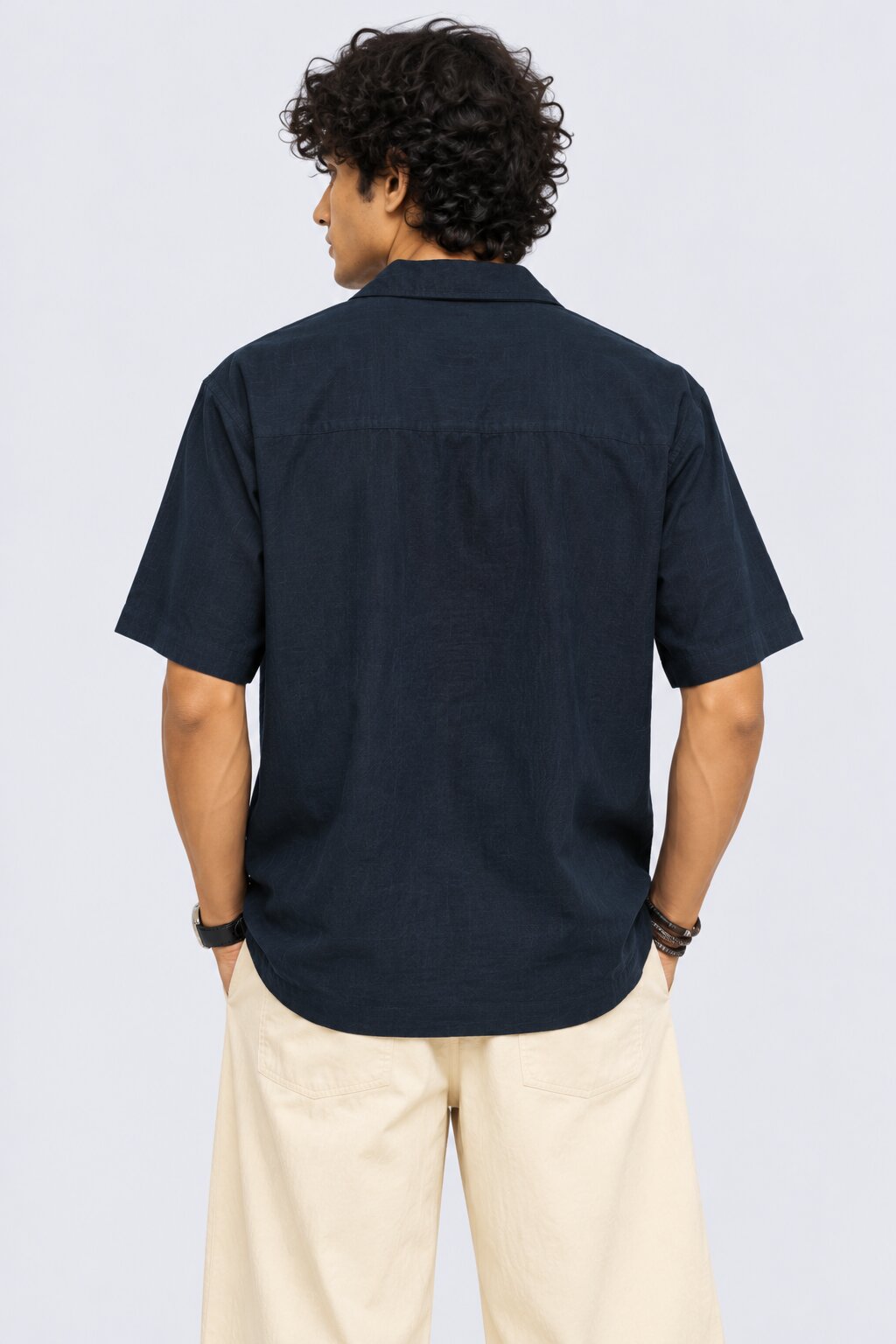 Mens Regular Fit Navy Cotton Embroidered Shirt - Image 5