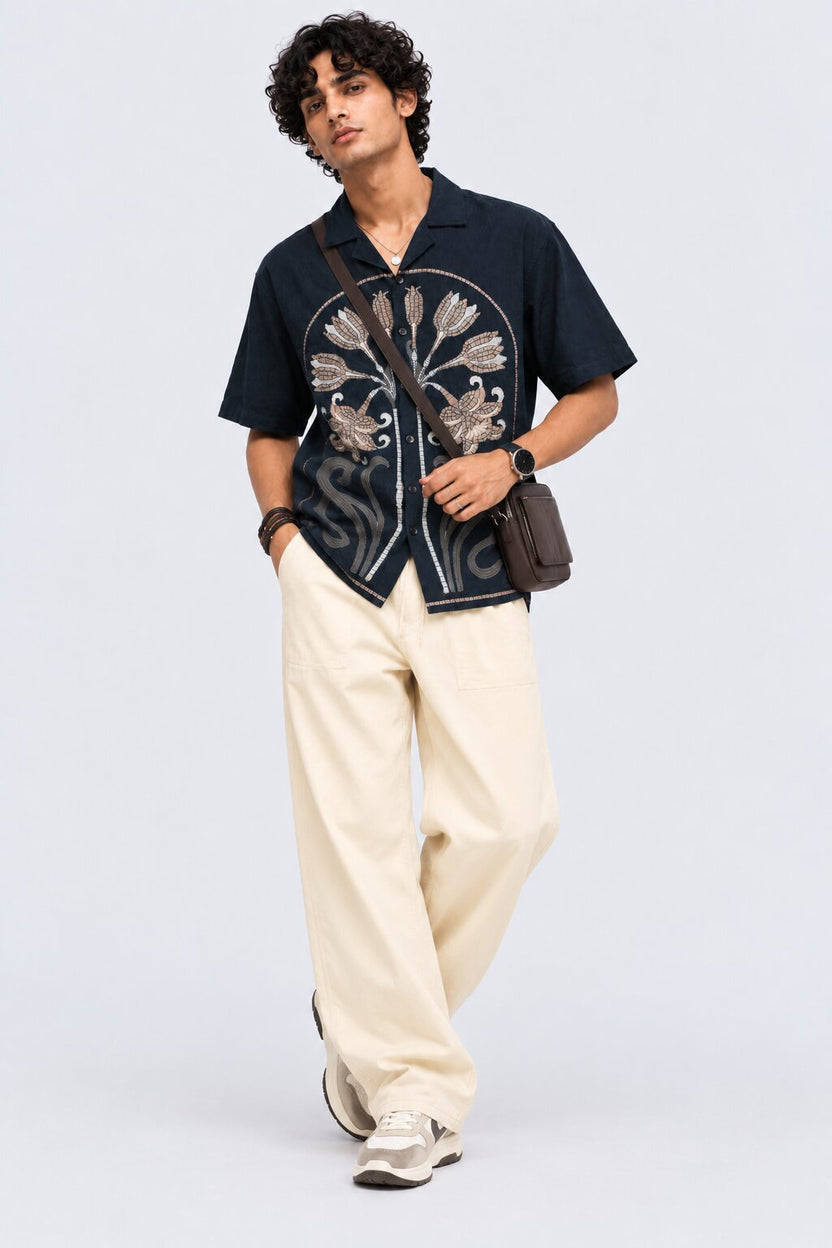 Mens Regular Fit Navy Cotton Embroidered Shirt - Image 6