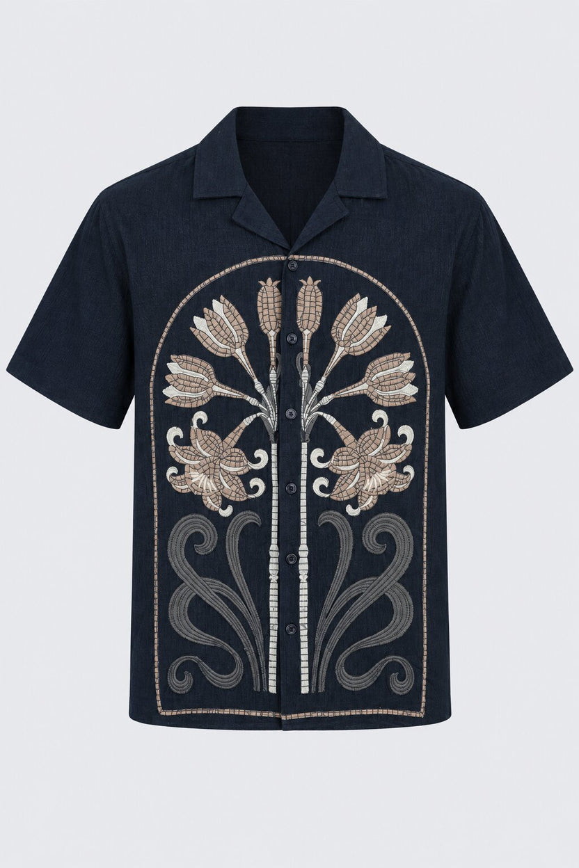 Mens Regular Fit Navy Cotton Embroidered Shirt - Image 7
