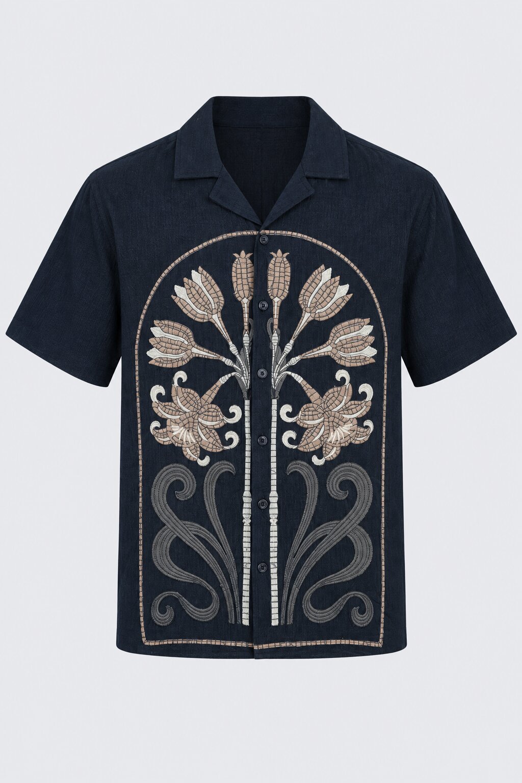 Mens Regular Fit Navy Cotton Embroidered Shirt - Image 7