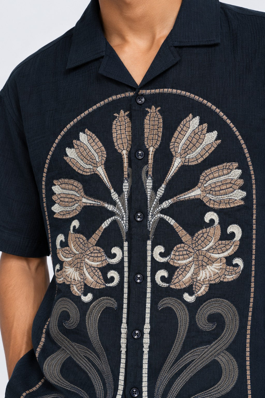 Mens Regular Fit Navy Cotton Embroidered Shirt - Image 9