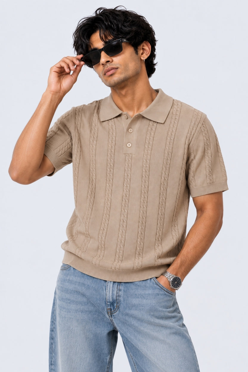 Mens Regular Fit Beige Cotton Blend Polo T-Shirt - Image 1