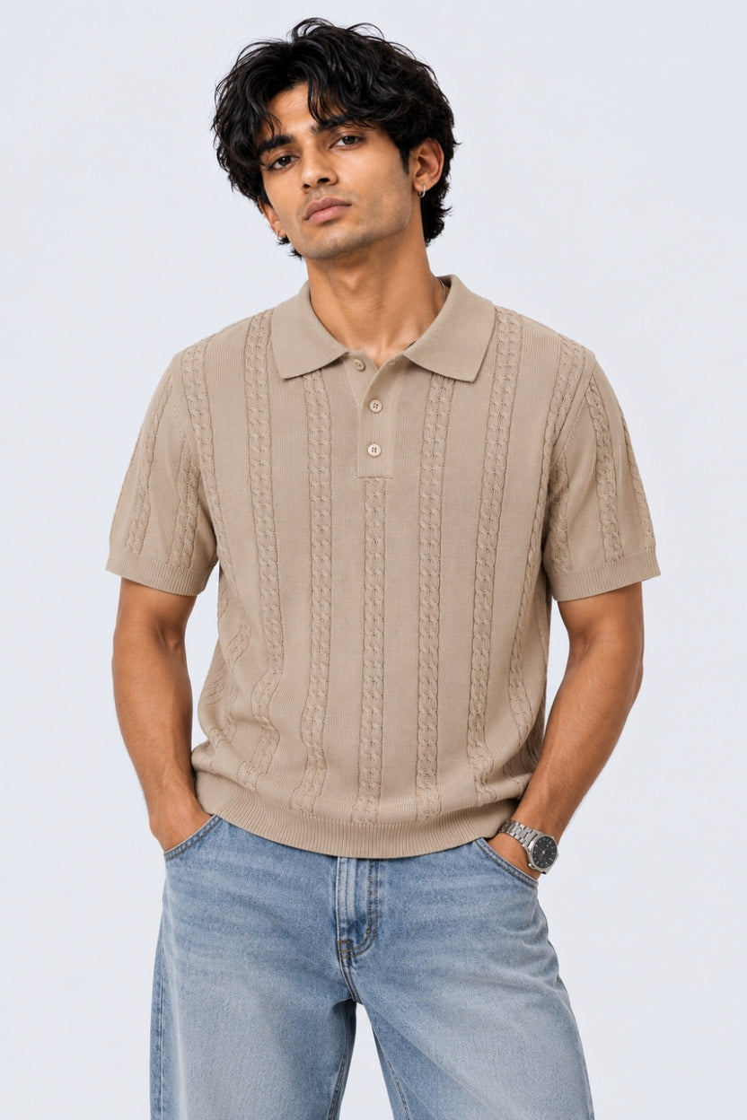 Mens Regular Fit Beige Cotton Blend Polo T-Shirt - Image 2