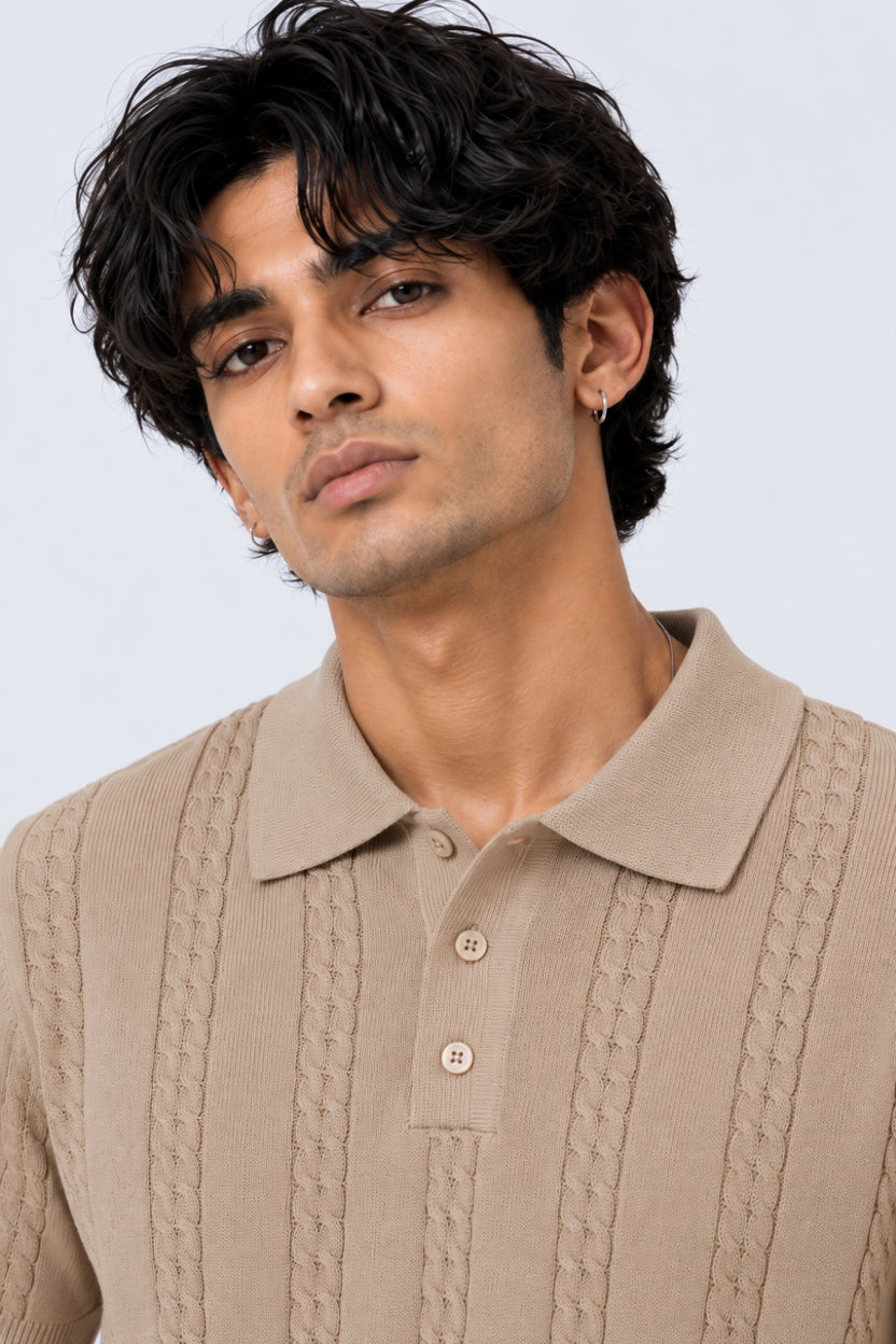 Mens Regular Fit Beige Cotton Blend Polo T-Shirt - Image 3