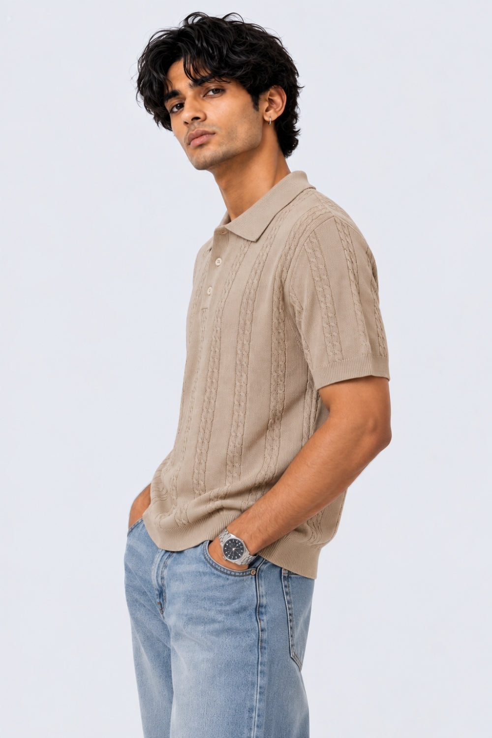 Mens Regular Fit Beige Cotton Blend Polo T-Shirt - Image 4