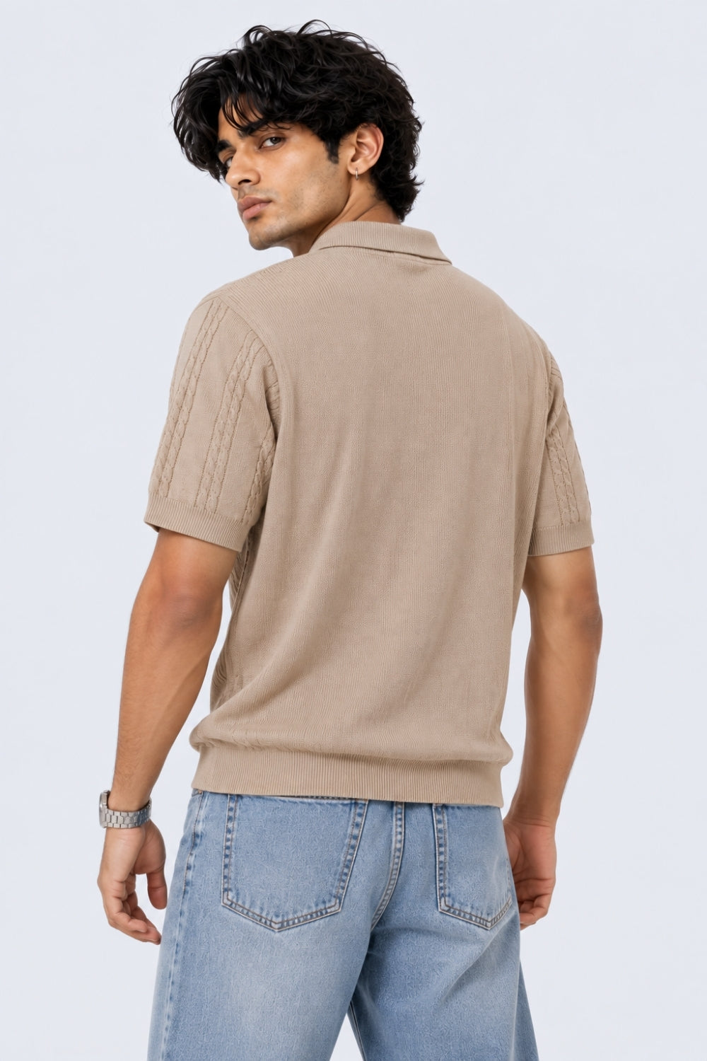 Mens Regular Fit Beige Cotton Blend Polo T-Shirt - Image 5