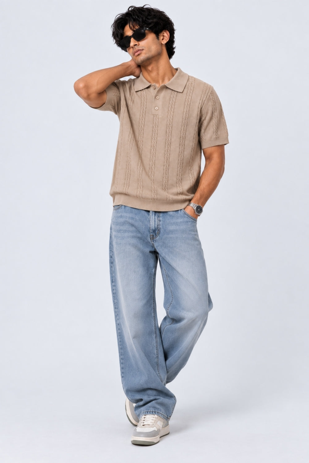 Mens Regular Fit Beige Cotton Blend Polo T-Shirt - Image 6