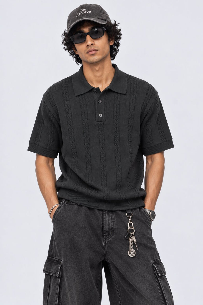 Mens Regular Fit Black Cotton Blend Polo T-Shirt - Image 1
