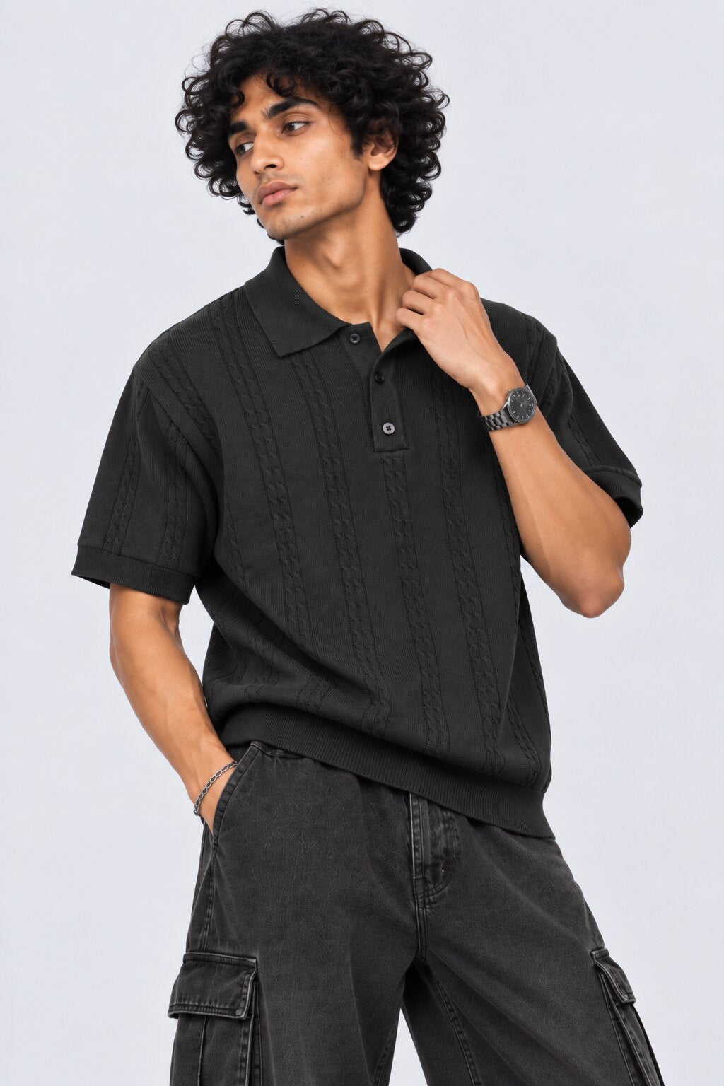 Mens Regular Fit Black Cotton Blend Polo T-Shirt - Image 2