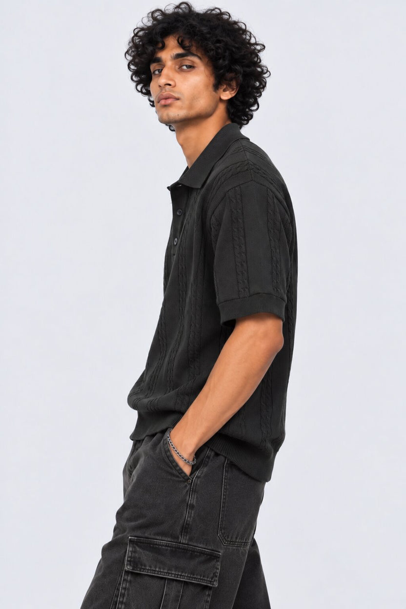 Mens Regular Fit Black Cotton Blend Polo T-Shirt - Image 4
