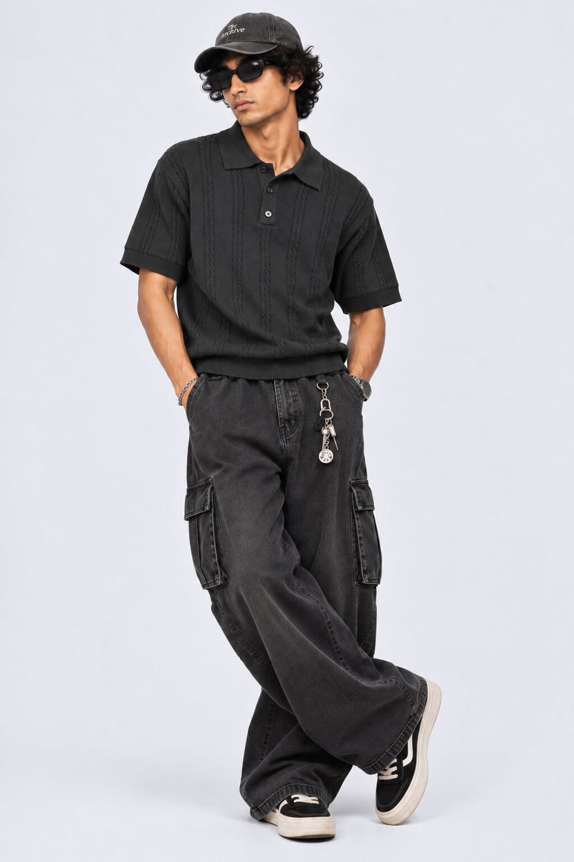 Mens Regular Fit Black Cotton Blend Polo T-Shirt - Image 6