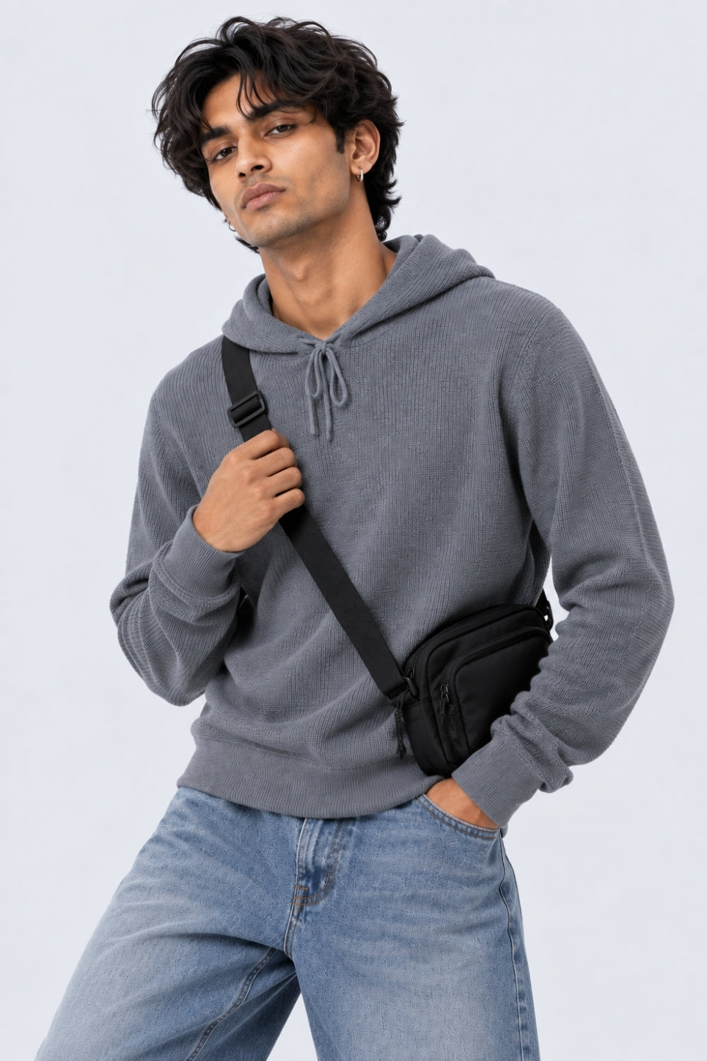 Mens Regular Fit Light Grey Textured Sweater - Image 1
