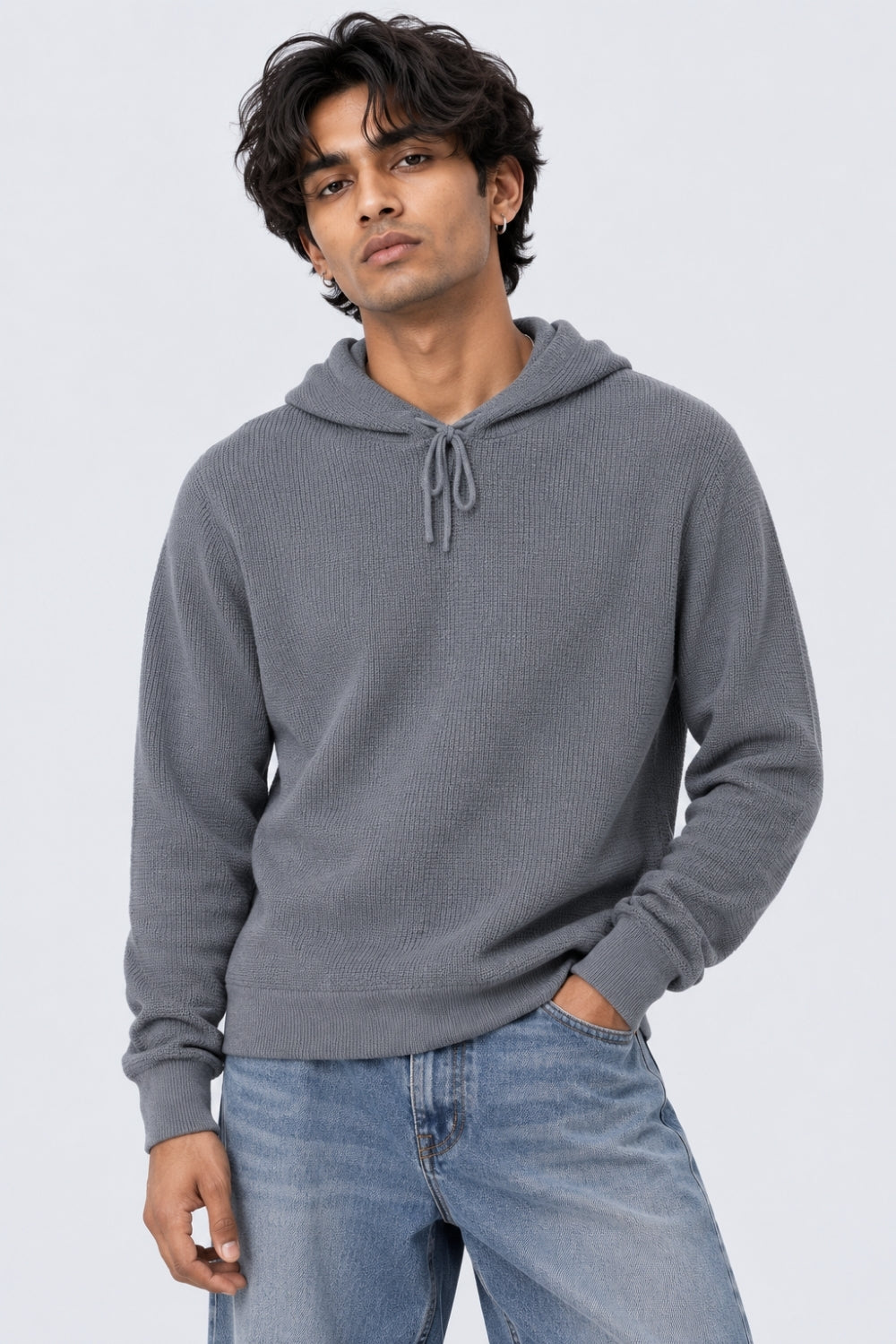 Mens Regular Fit Light Grey Textured Sweater - Image 2
