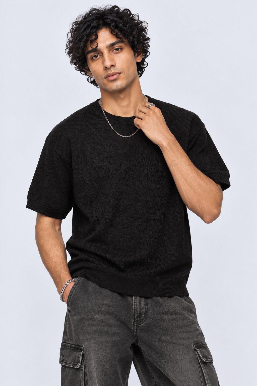 Mens Regular Fit Black Cotton Blend T-Shirt - Image 2