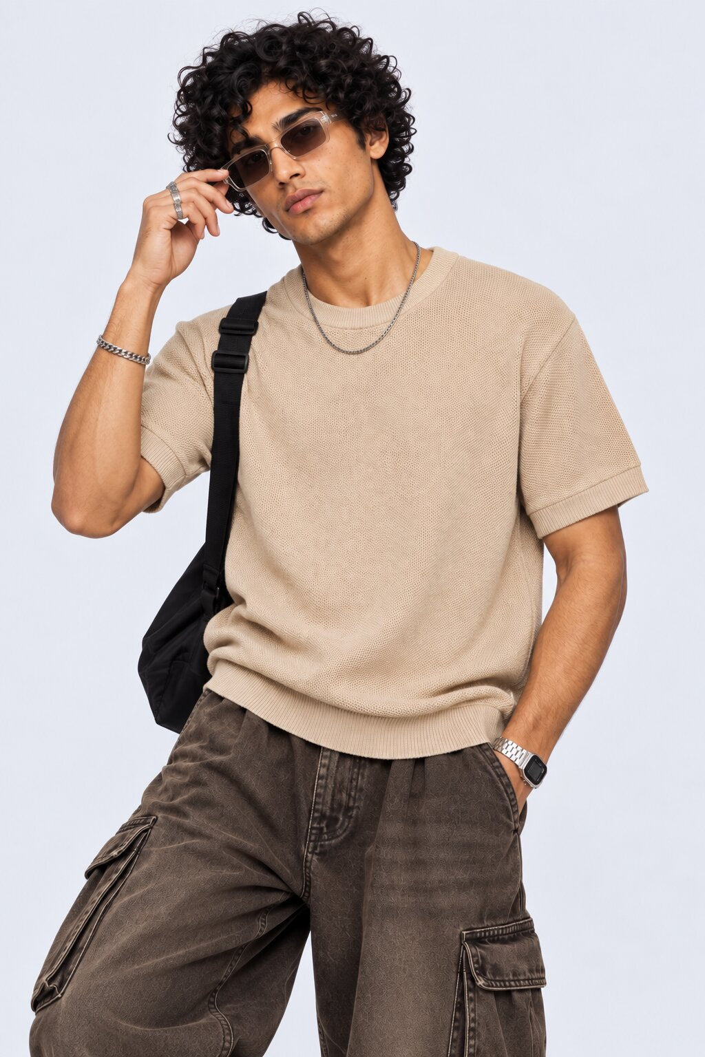 Mens Regular Fit Beige Cotton Blend T-Shirt - Image 1