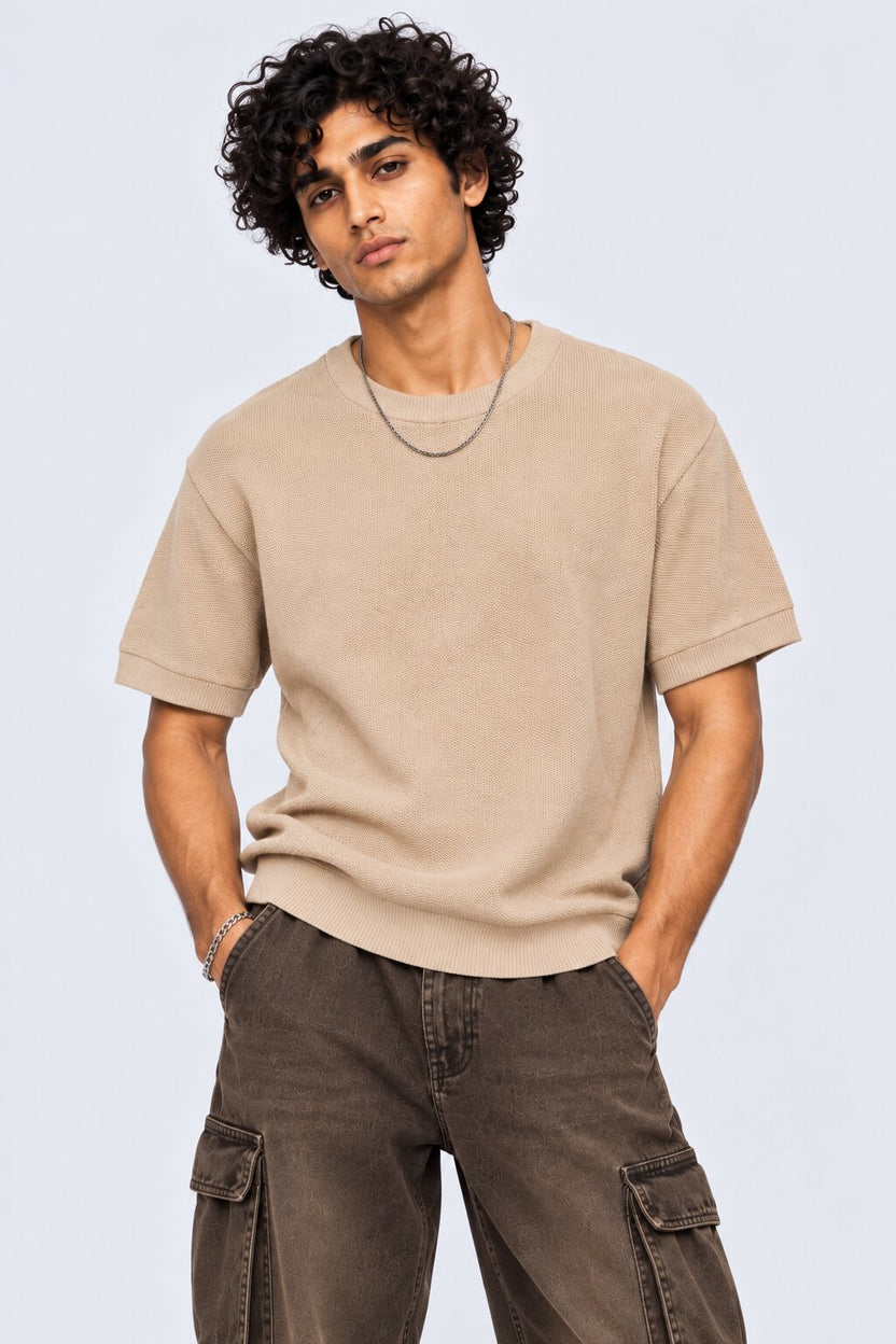 Mens Regular Fit Beige Cotton Blend T-Shirt - Image 2