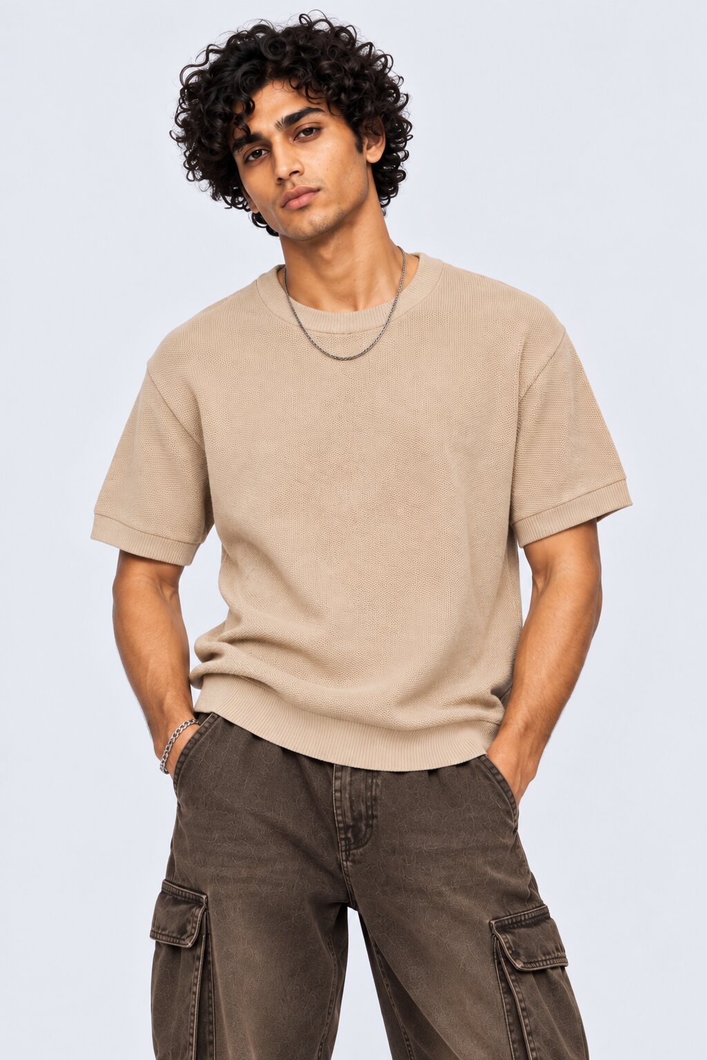 Mens Regular Fit Beige Cotton Blend T-Shirt - Image 2