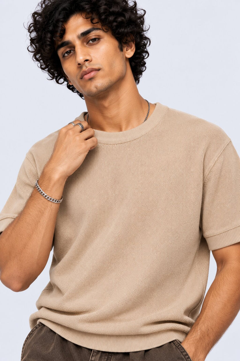 Mens Regular Fit Beige Cotton Blend T-Shirt - Image 3