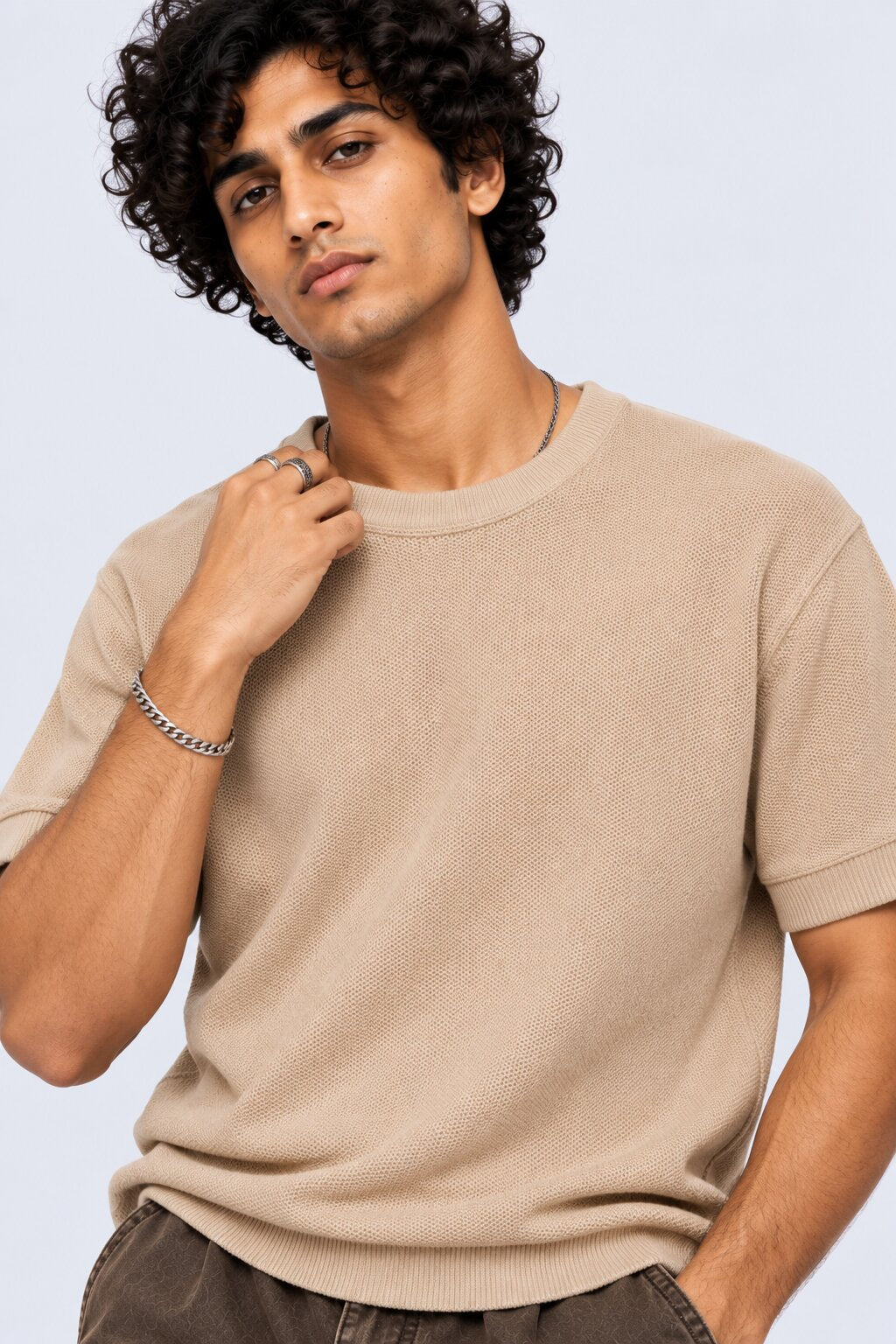 Mens Regular Fit Beige Cotton Blend T-Shirt - Image 3