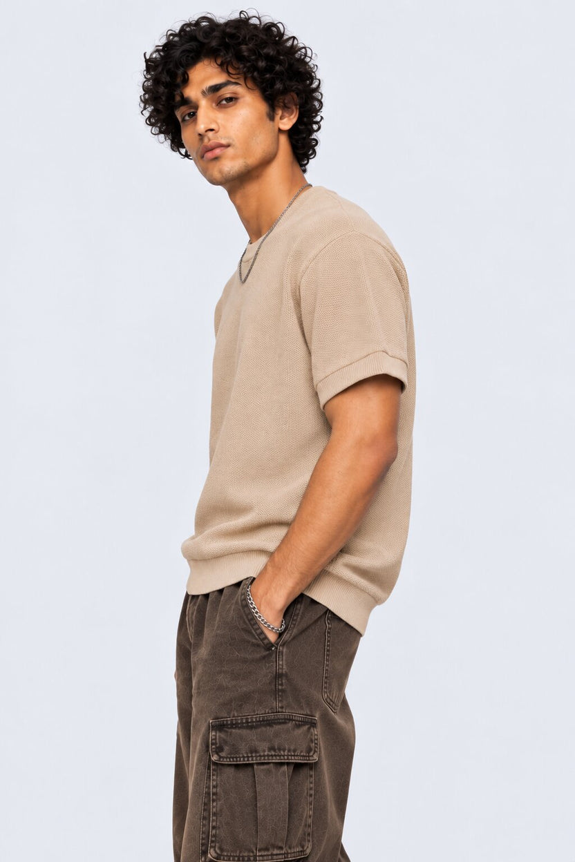 Mens Regular Fit Beige Cotton Blend T-Shirt - Image 4