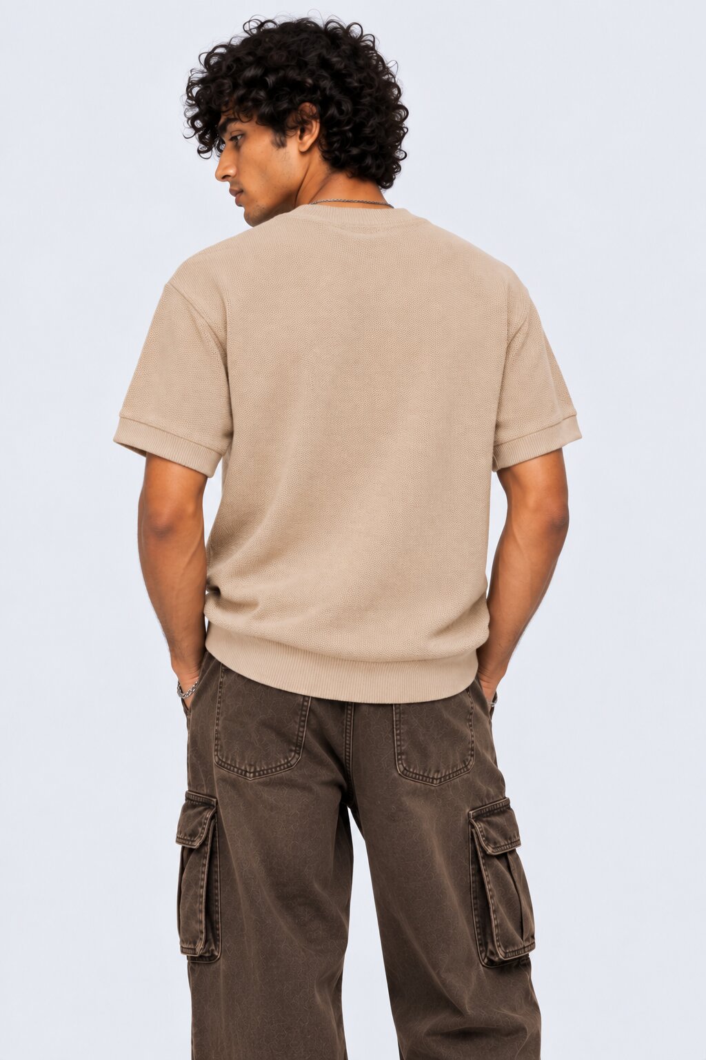 Mens Regular Fit Beige Cotton Blend T-Shirt - Image 5