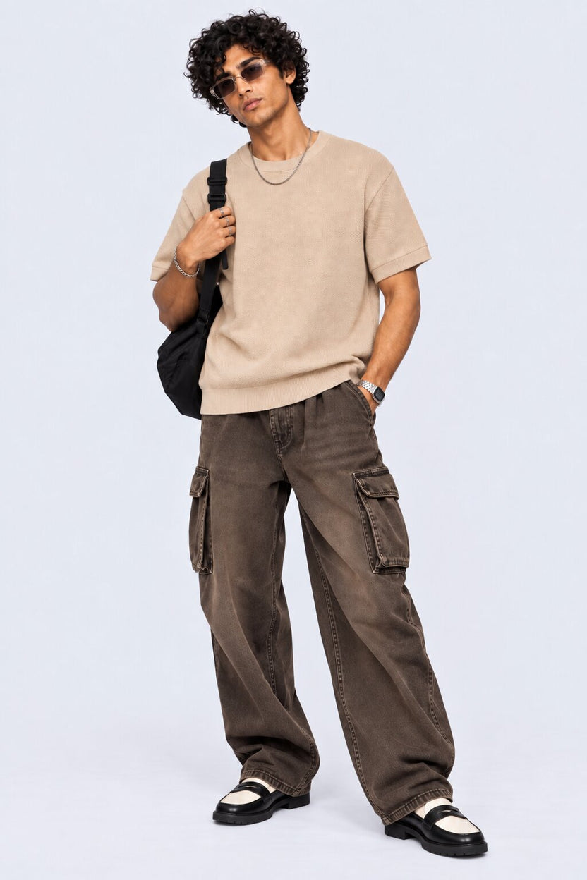Mens Regular Fit Beige Cotton Blend T-Shirt - Image 6