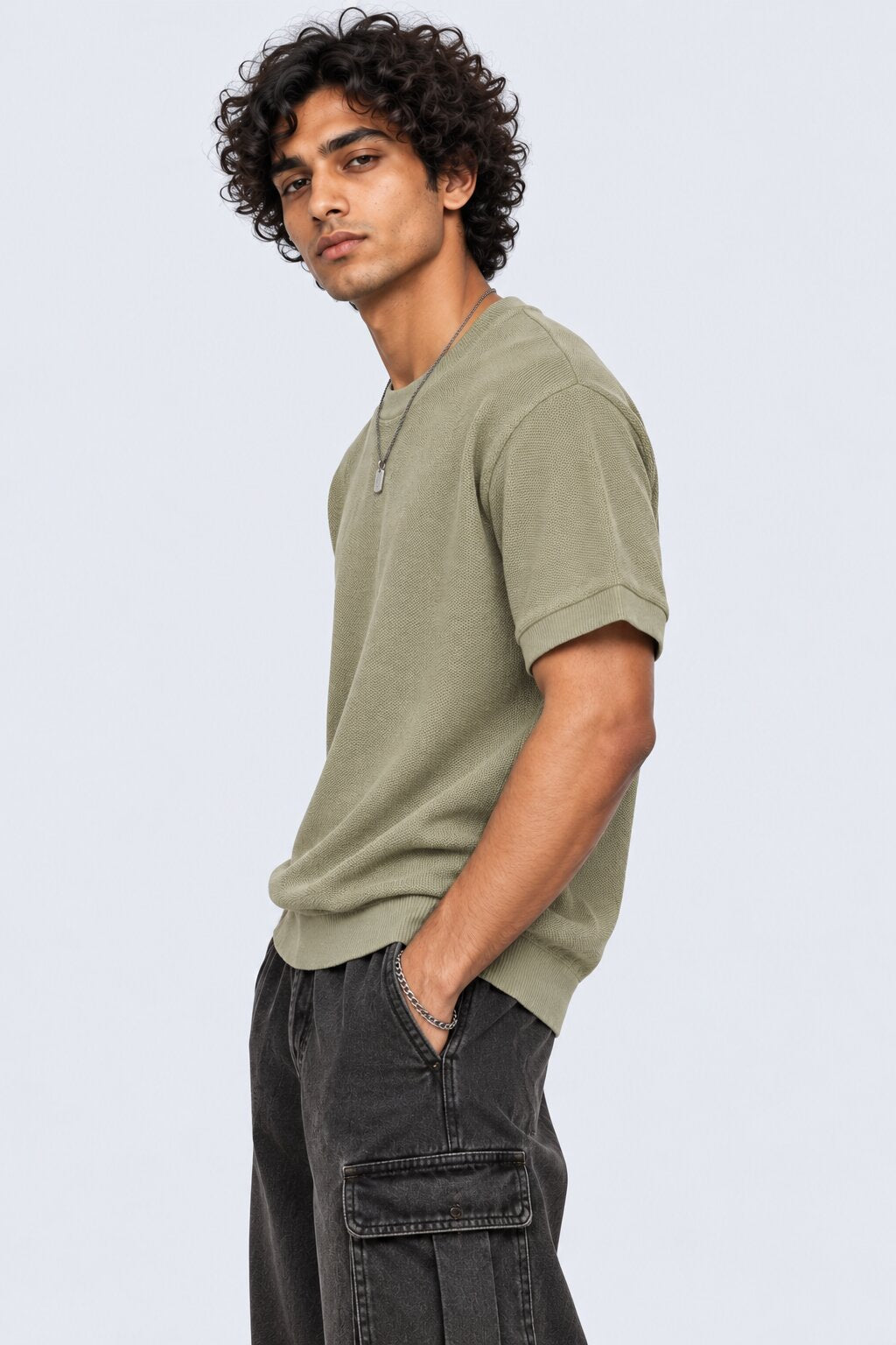 Mens Regular Fit Olive Cotton Blend T-Shirt - Image 4