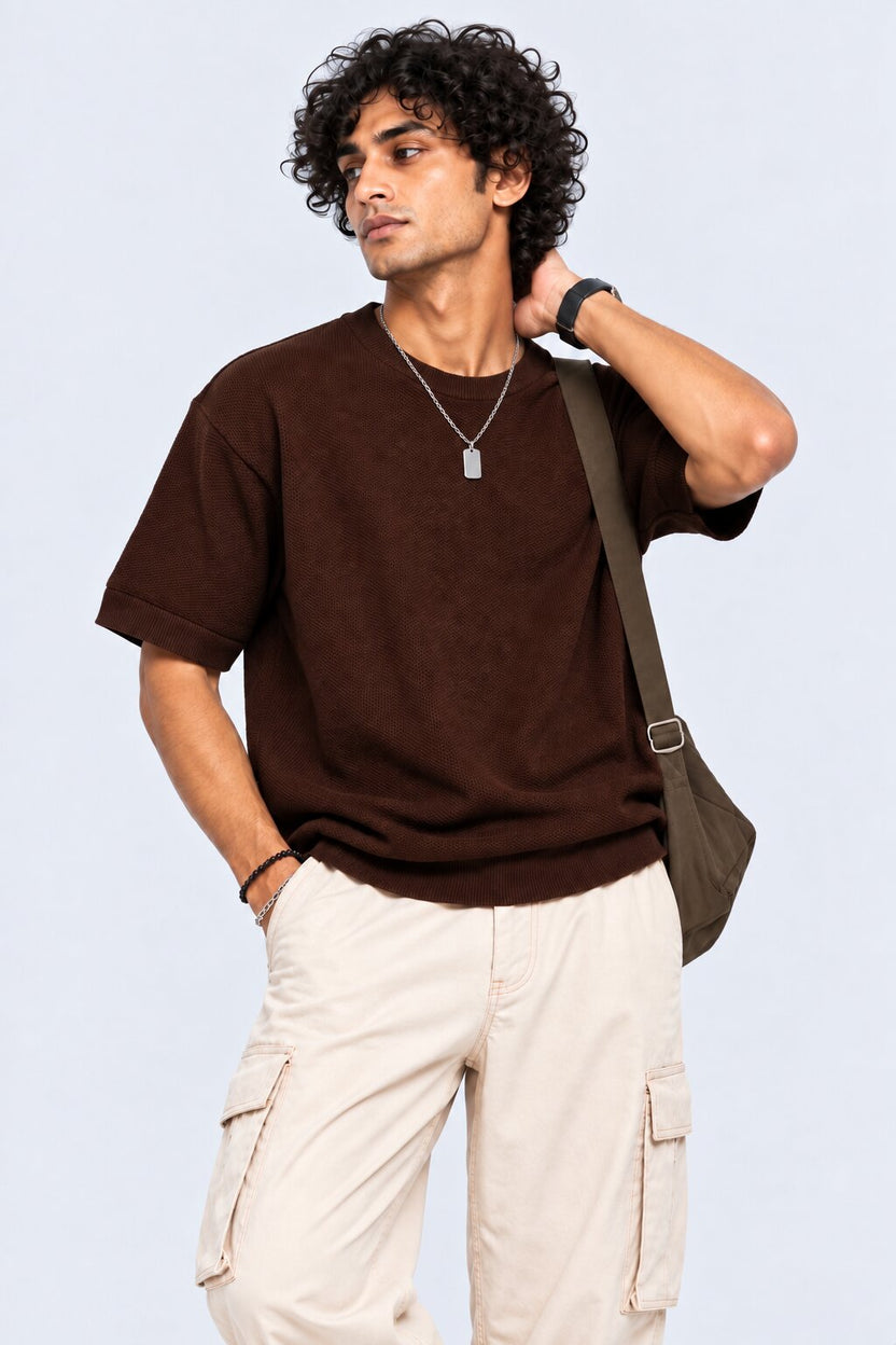 Mens Regular Fit Brown Cotton Blend T-Shirt - Image 1