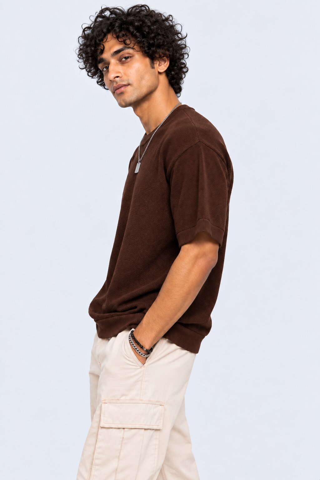 Mens Regular Fit Brown Cotton Blend T-Shirt - Image 4