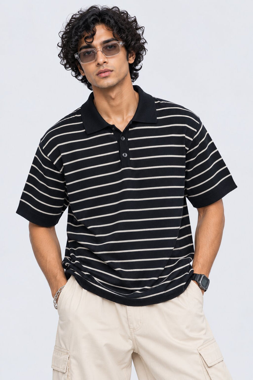 Mens Regular Fit Navy Cotton Striped T-Shirt - Image 1