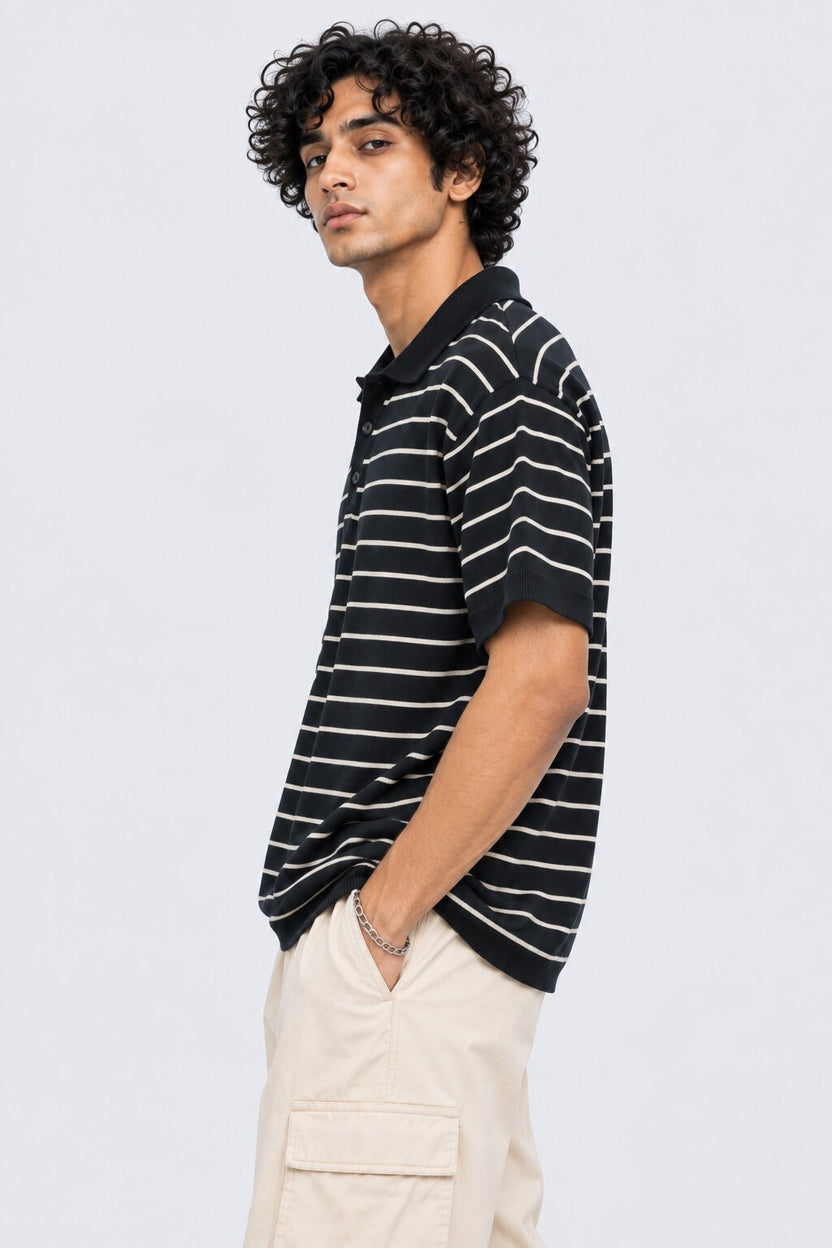 Mens Regular Fit Navy Cotton Striped T-Shirt - Image 4