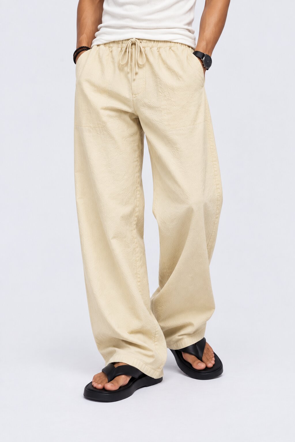 Mens Regular Fit Cream Textured Trouser With 2 Pocket - Image 2