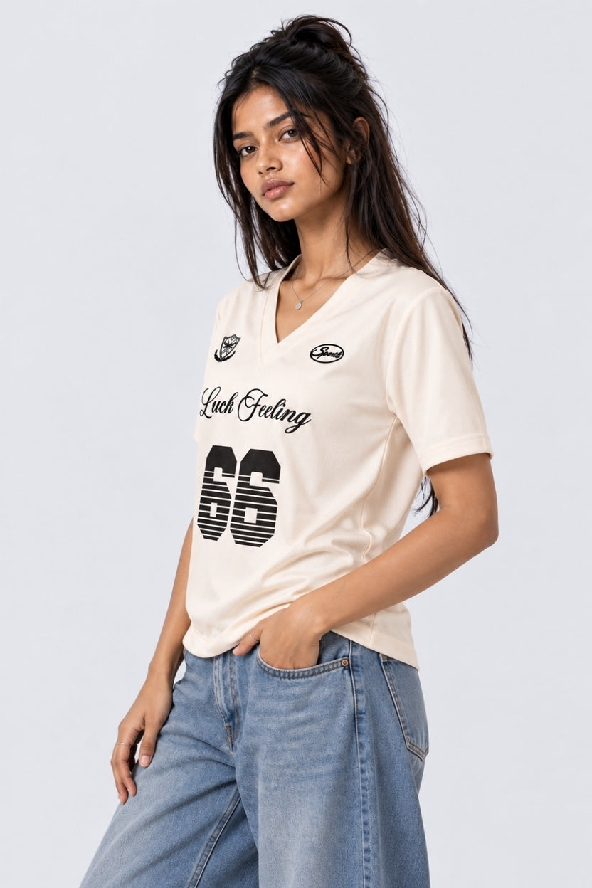 Womens Oversized Fit Cream Typographic Sport T-Shirt - Image 4