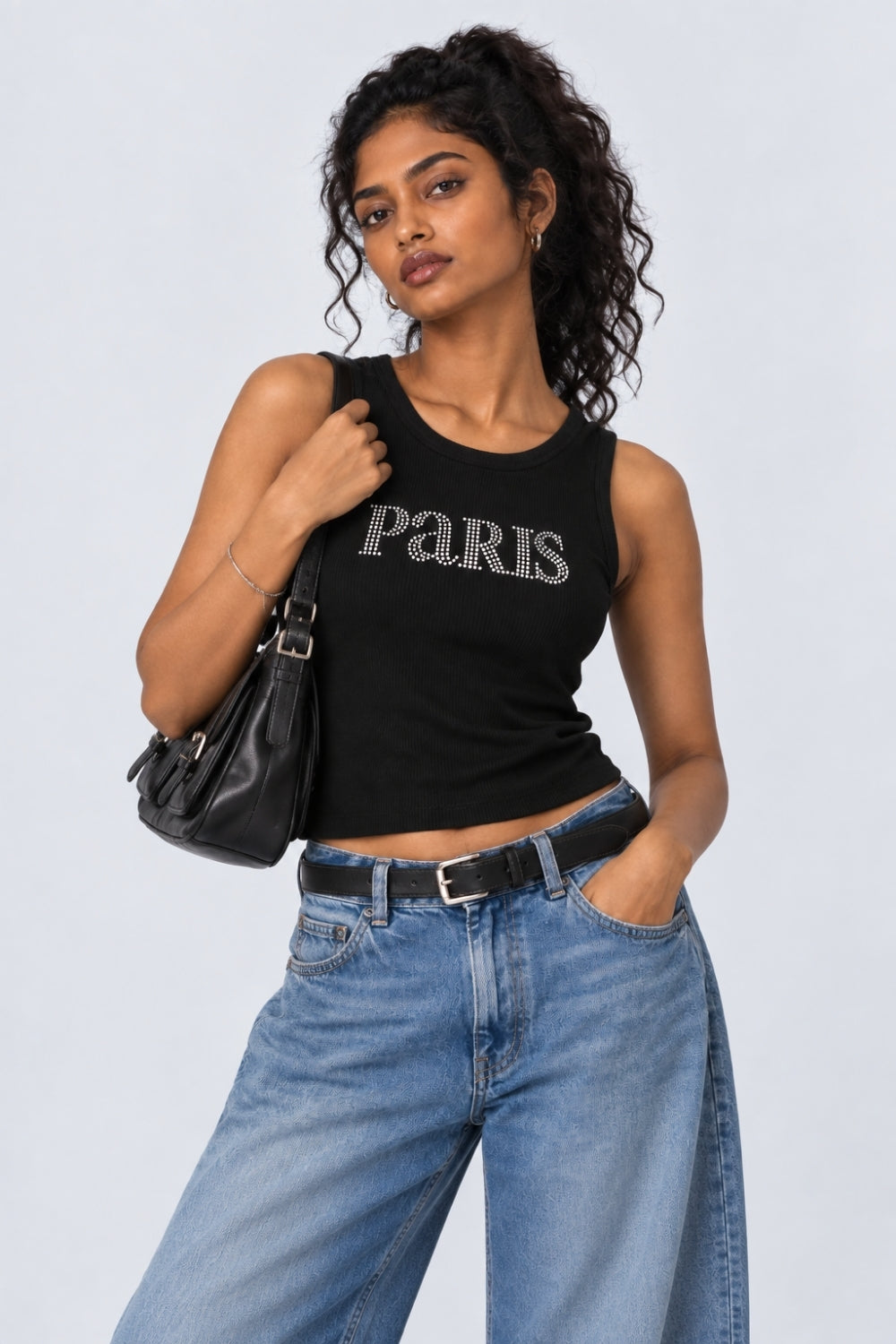 Womens Regular Fit Black Embellished Paris Tank Top - Image 1