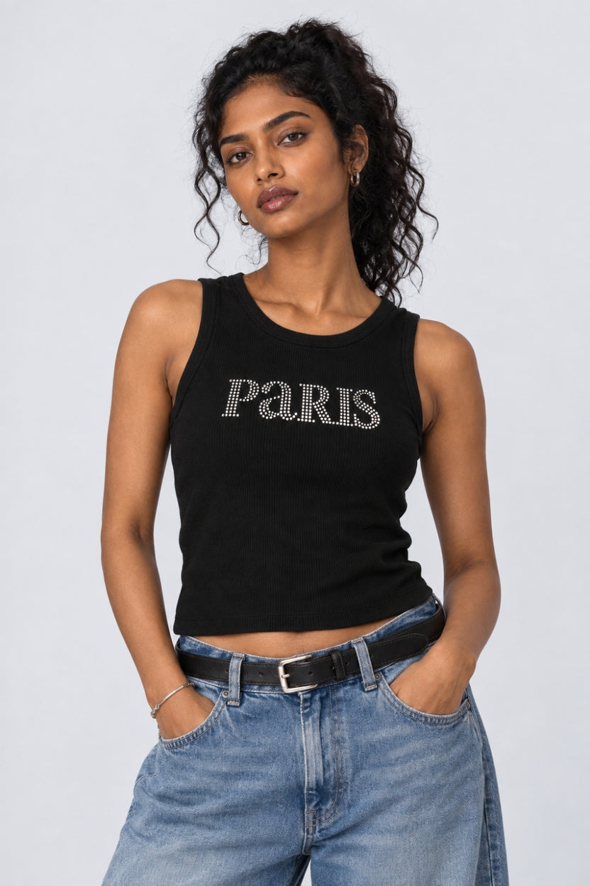 Womens Regular Fit Black Embellished Paris Tank Top - Image 2
