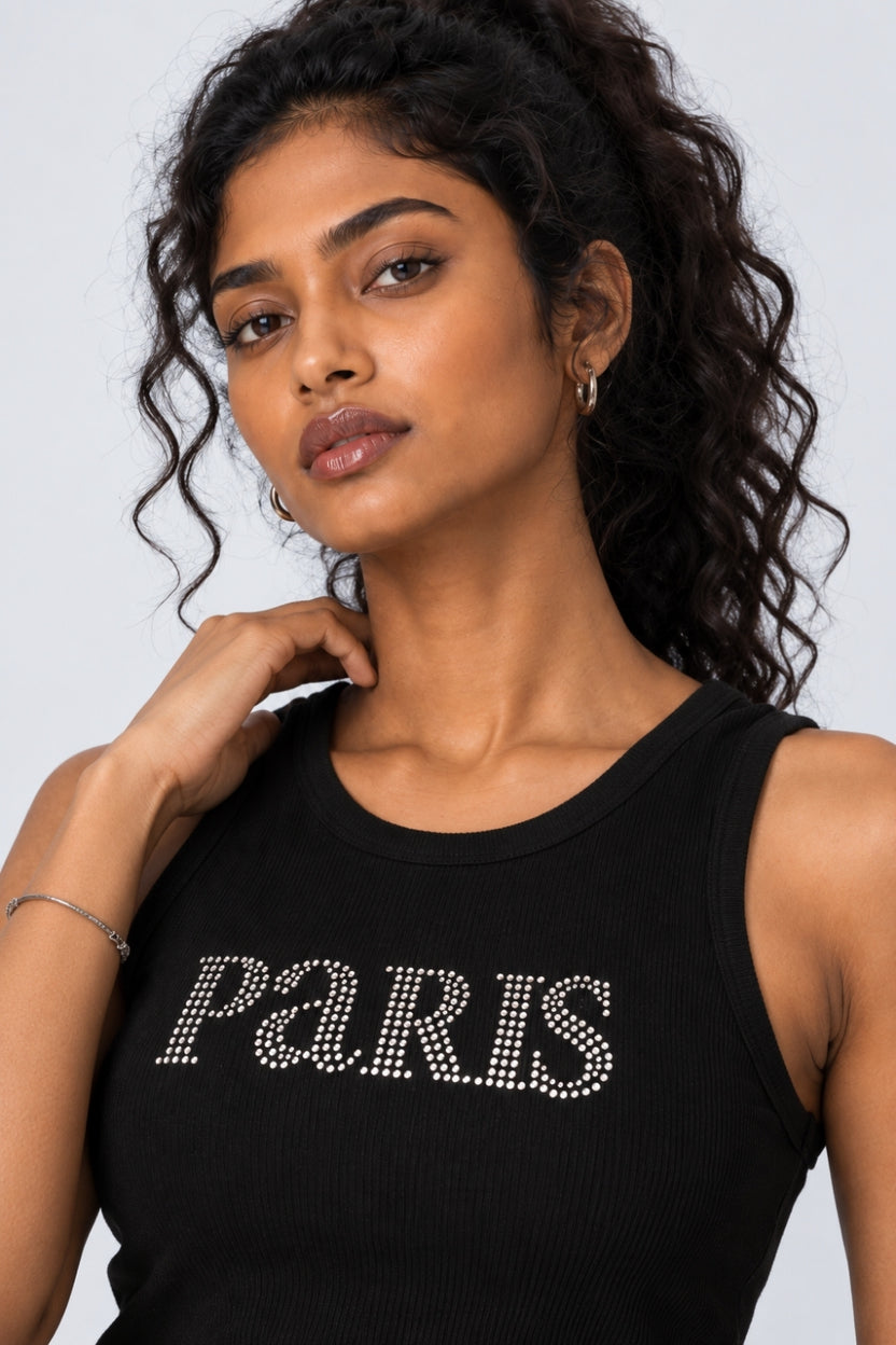 Womens Regular Fit Black Embellished Paris Tank Top - Image 9