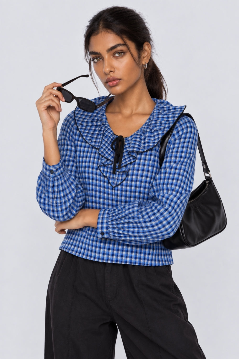 Womens Regular Fit Blue Cotton Checked Top - Image 1