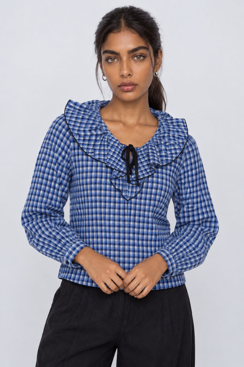 Womens Regular Fit Blue Cotton Checked Top - Image 2