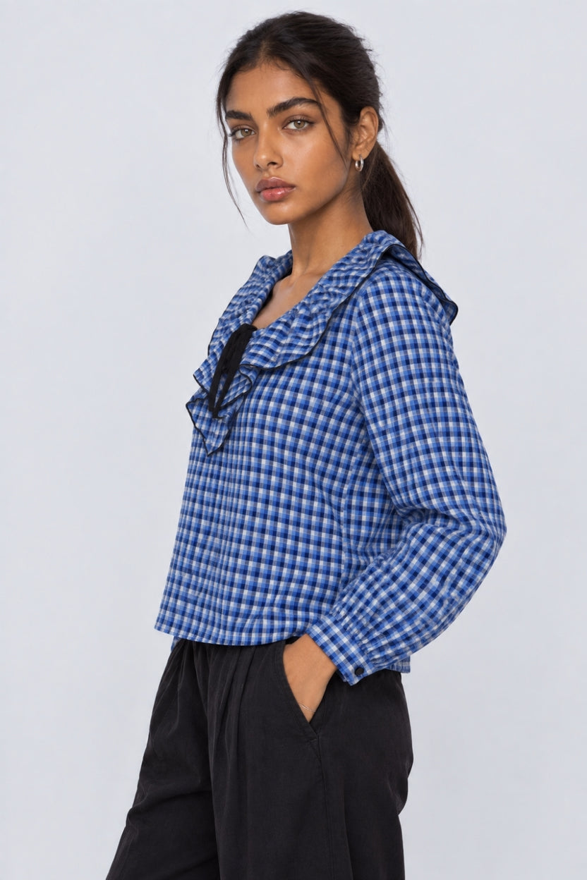 Womens Regular Fit Blue Cotton Checked Top - Image 4